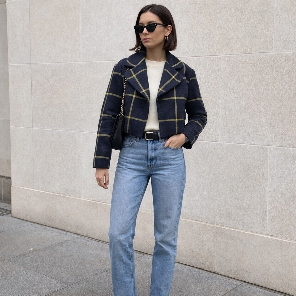 Bread n Butter Modern Cropped Check Wool Coat Size M